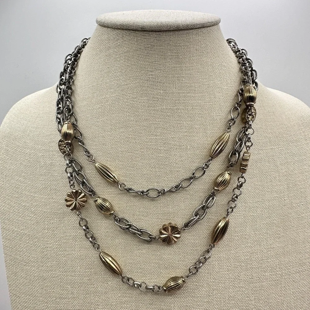 Vintage Two Tone Statement Necklace Gold Silver‎ Oval Flower Bead Jewelry Retro